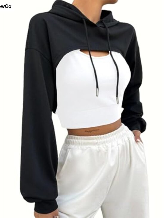 Tops - Women's Super Cropped Hoodie Long Sleeve Workout Top - 95% Polyester 5% Spandex